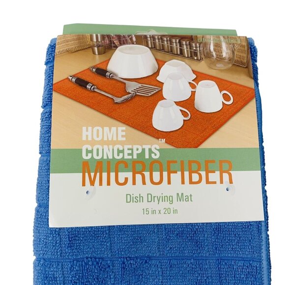 Drying Mat and Kitchen Towels Set Blue Microfiber Window Pane Check - Picture 2 of 4